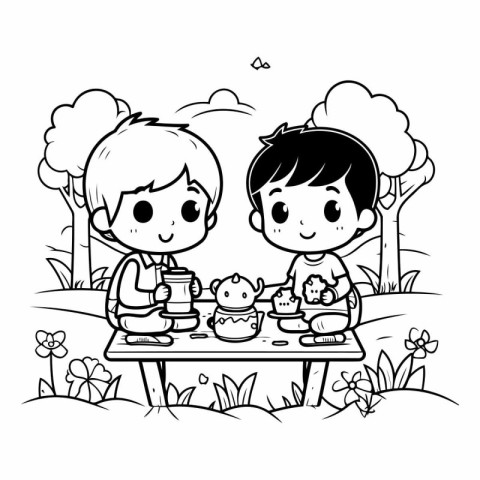 Boy and girl having picnic in the park in cartoon style.