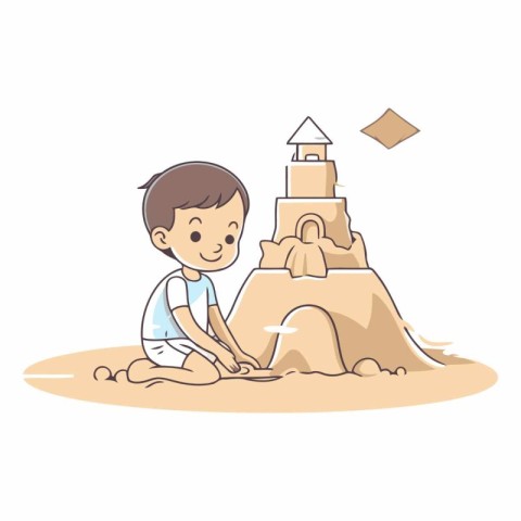 Little boy playing with sand and building a castle.