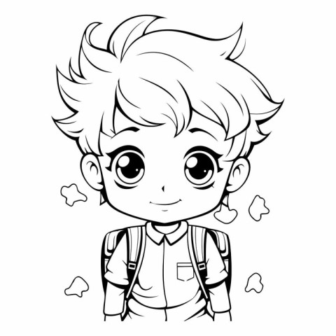 Black and White Cartoon Illustration of Cute Little Boy Student