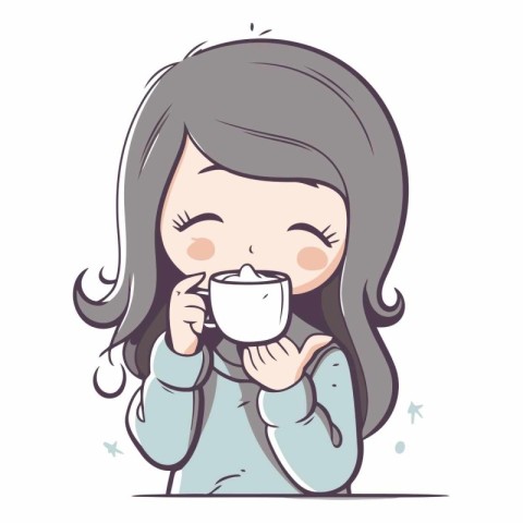 Illustration of a Cute Girl Drinking a Cup of Hot Tea