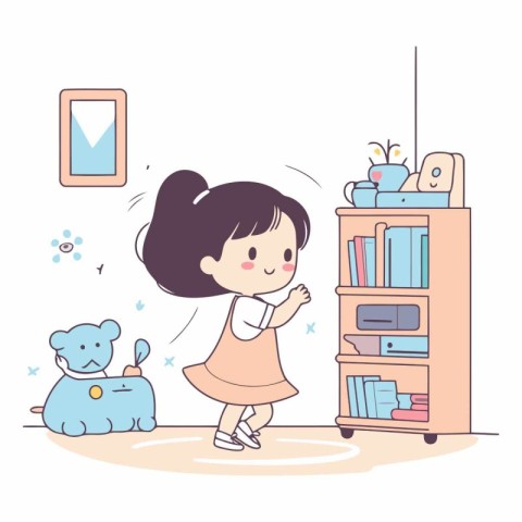 Illustration of a little girl playing with her toys in the room