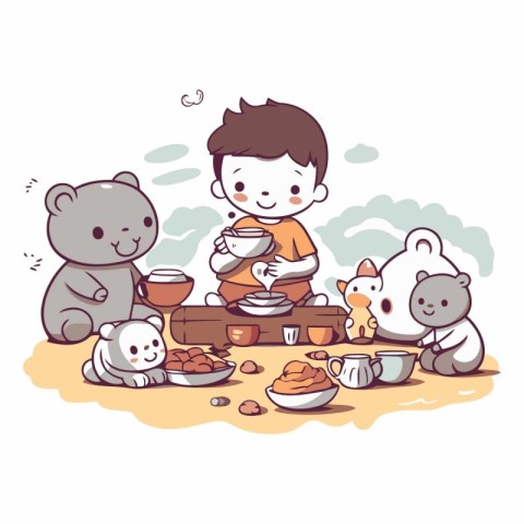 Illustration of a little boy having a tea party with his friends