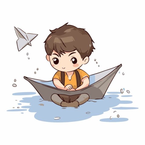 Cute boy playing with paper boat cartoon vector illustration gra