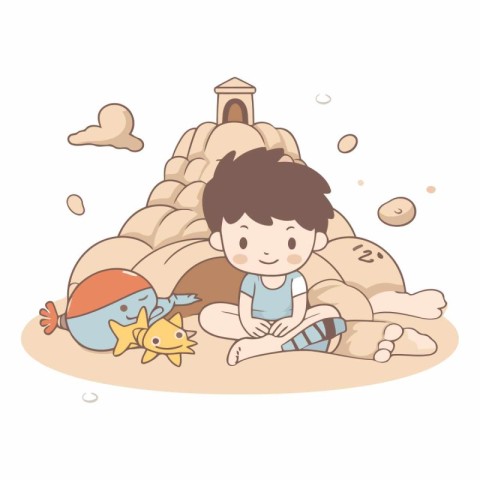 Cute little boy playing with sand castle and fish.