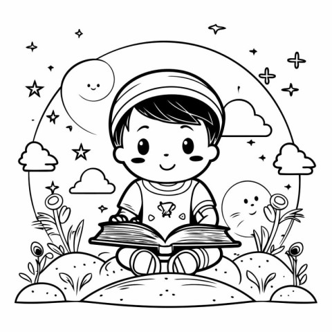 Cute cartoon boy reading a book in the park.