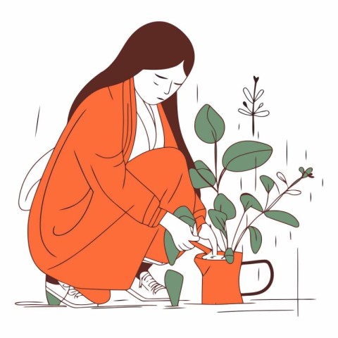 Vector illustration of a woman planting a houseplant in a pot.