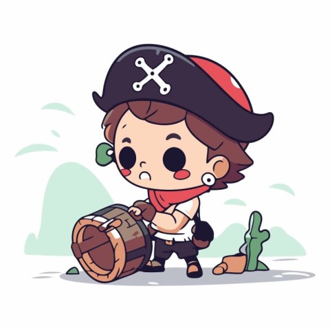 Cute boy pirate with cactus and treasure chest cartoon vector il