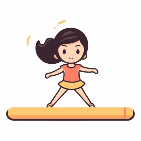 Cute little girl doing gymnastics in cartoon style.