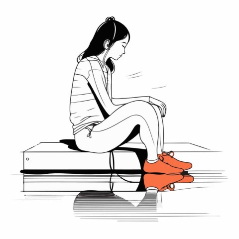 Illustration of a girl sitting on a wooden box and looking down