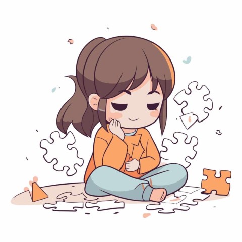 Little girl sitting on the floor and thinking with puzzle pieces