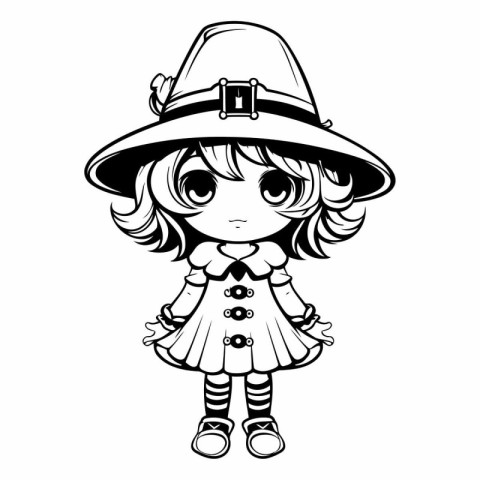 Vector illustration of Cute little girl in hat. Outline drawing.