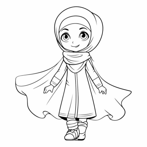 Cute Muslim girl in hijab for coloring book.