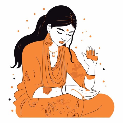 Indian woman meditating in lotus position in flat style.