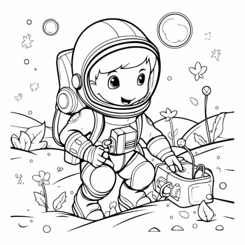 Coloring Page Outline Of a Cute Astronaut on the Field