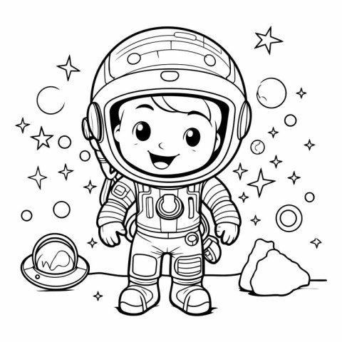 Coloring Page Outline Of a Kid Astronaut with Moon and Stars