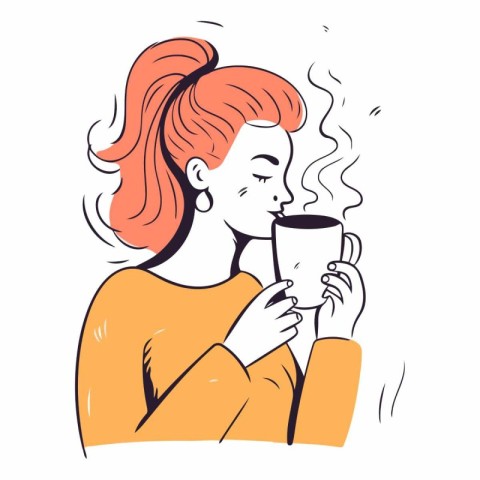 Vector illustration of a young woman drinking coffee or tea from