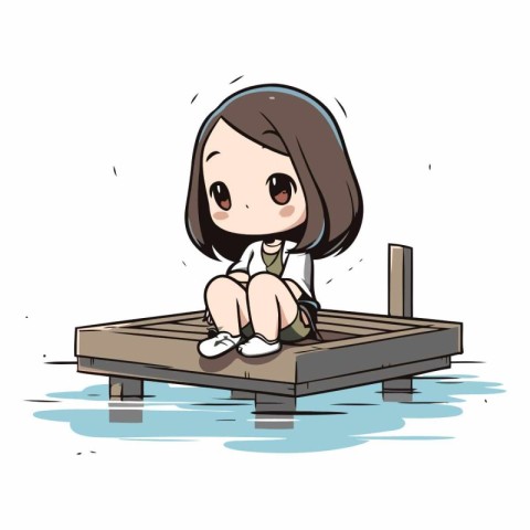 Young woman sitting on a wooden pier. Vector cartoon character i