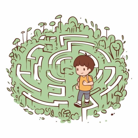 Cartoon boy in the middle of a maze.