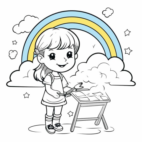 Coloring book of cute girl painting on the table with rainbow il