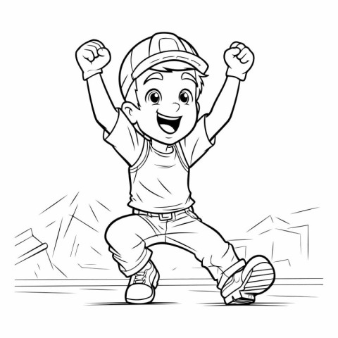 Black and White Cartoon Illustration of Happy Boy Character Jump