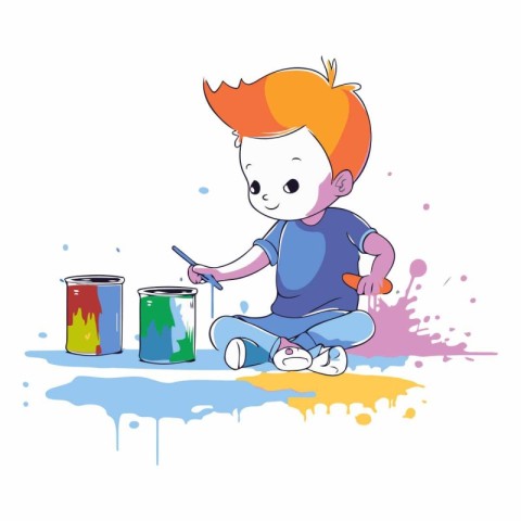 Little boy painting with paintbrush. Cute cartoon vector illustr