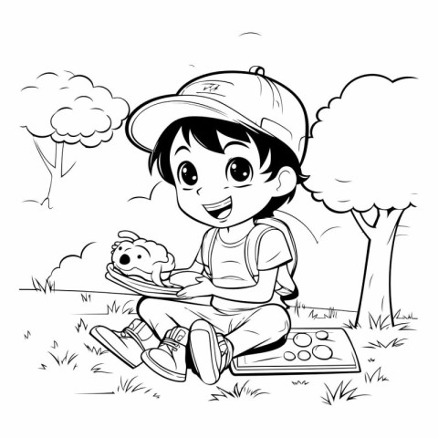 Boy playing with a frog in the park - Black and White Cartoon Il