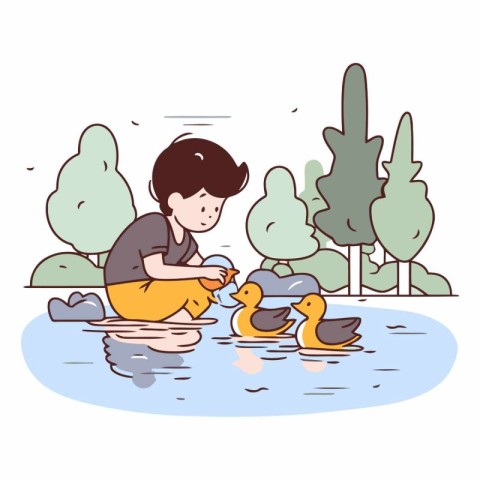 Little boy playing with ducklings in a pond.