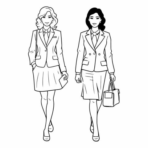 Fashionable young women in sketch style. Black and white.