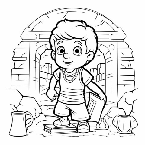 Black and White Cartoon Illustration of Kid Boy with Books or Bo