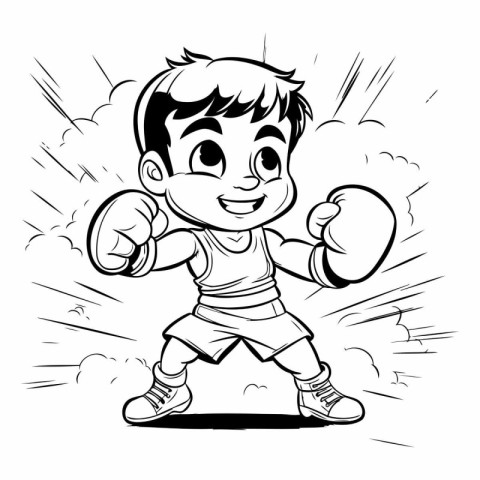 Cartoon illustration of a little boy boxer. Black and white vers