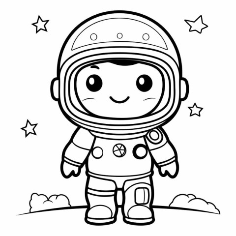 Black and White Cartoon Illustration of Cute Astronaut Character