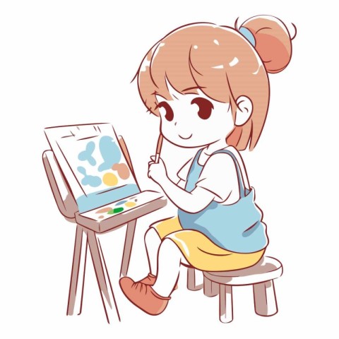 Illustration of a Cute Little Girl Painting on an Easel