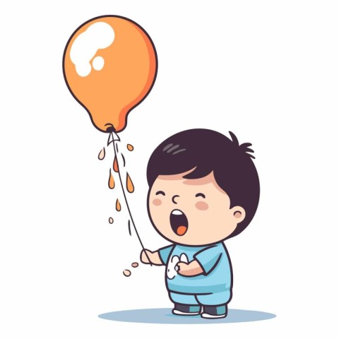 Cute little boy blowing up a balloon. Vector cartoon illustratio