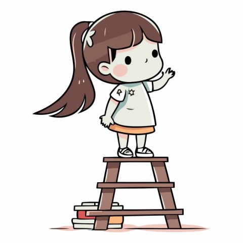 Girl standing on a ladder and holding a stack of books.