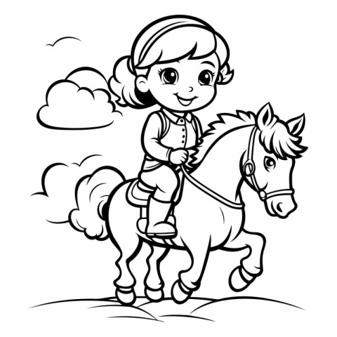 Black and White Cartoon Illustration of Little Girl Riding a Hor