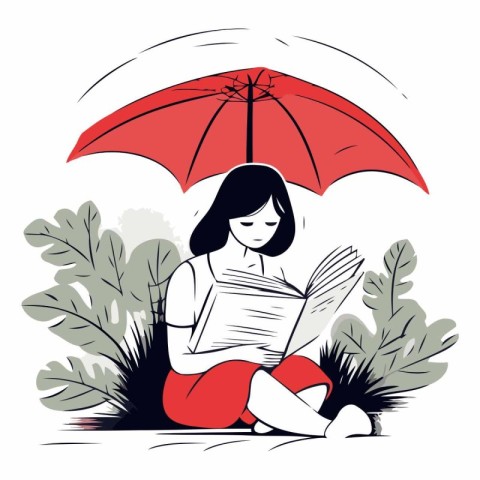 Young woman reading a book under an umbrella in the park.