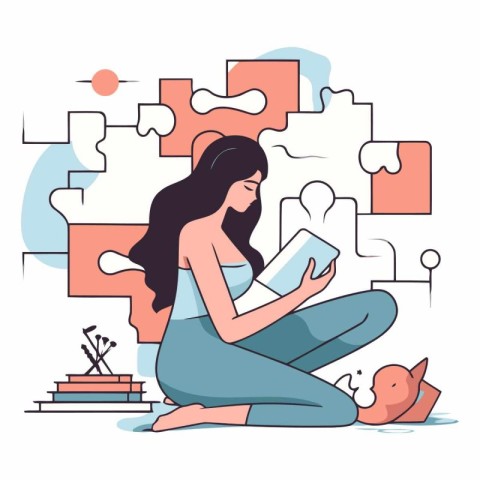 Young woman sitting on the floor and reading a book. Flat vector