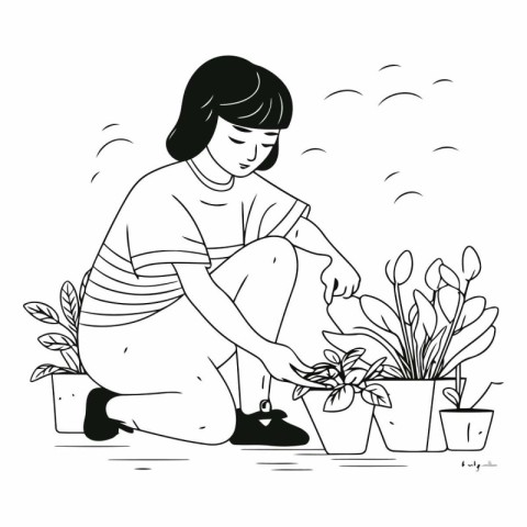 Girl planting flowers in the garden in line art style.