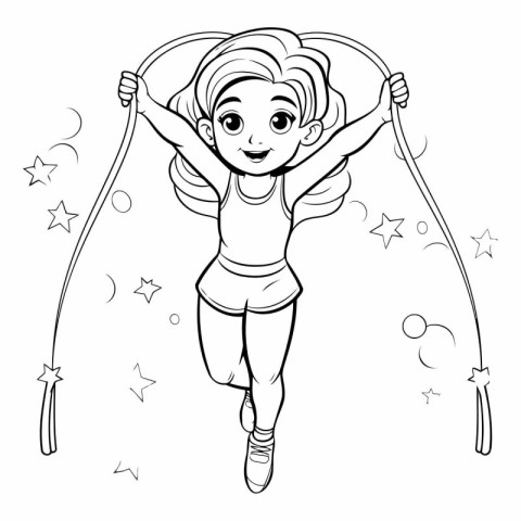 Black and white illustration of a girl jumping with a skipping r