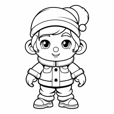 Black and White Cartoon Illustration of Cute Baby Boy in Winter