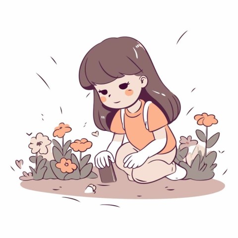 Cute little girl planting flowers in the garden.