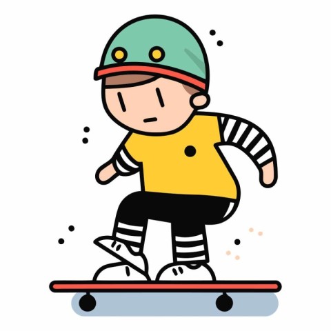 Cute little boy riding skateboard in cartoon style.