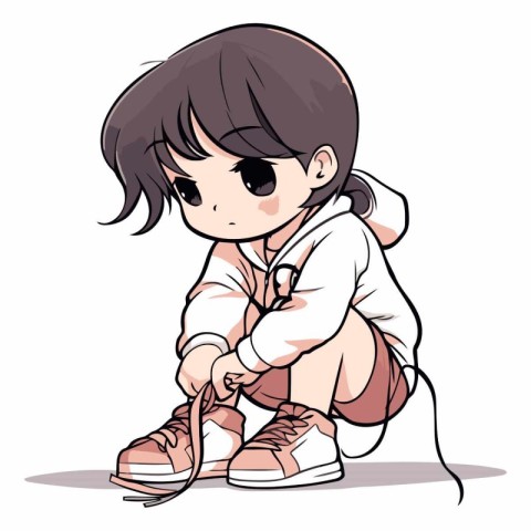 Little girl in sportswear tying shoelaces.