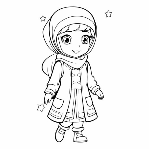 Coloring book for children: Cute arabic girl in winter clothes