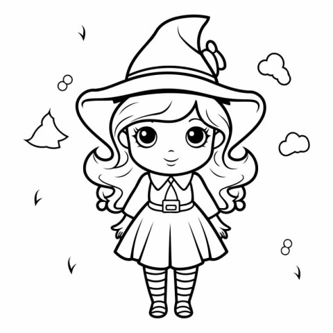 Black and White Cartoon Illustration of Cute Little Witch Girl C