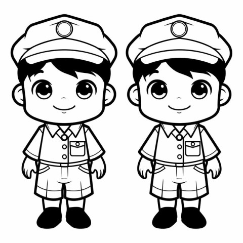 Boy and girl wearing police uniform. Black and white vector illu