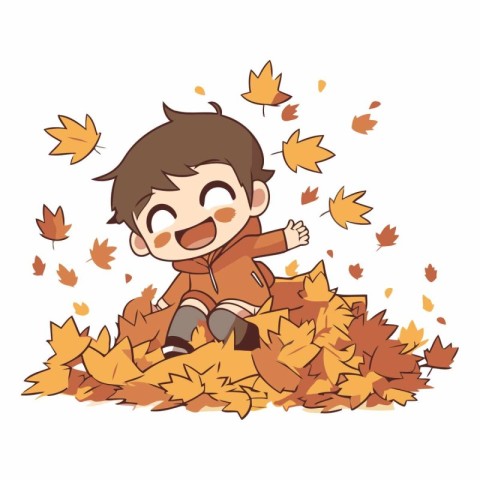 Cute boy playing with autumn leaves isolated on white background