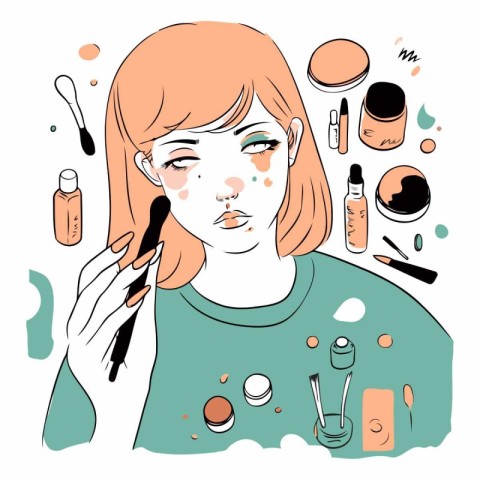 Vector illustration of a young woman applying make-up with cosme