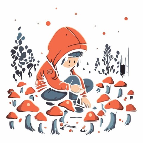 Little girl in a red jacket playing with mushrooms.