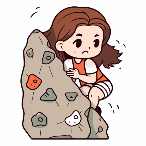 Little girl climbing a rock with a mobile phone.